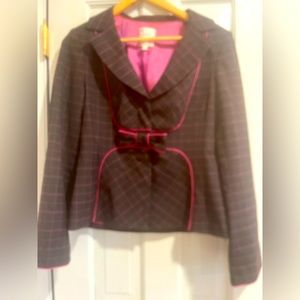 NWOT Nanette Lepore brown and pink plaid blazer with bow and pink piping